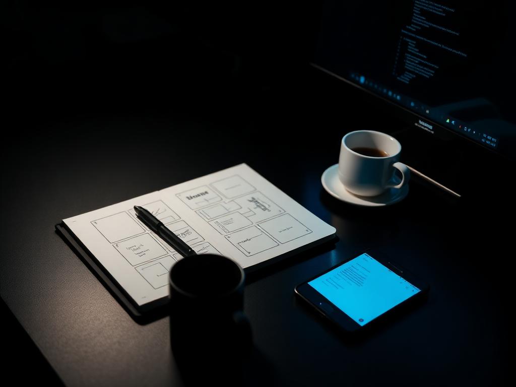 Notebook with wireframe sketches, coffee and phone on a dark desk