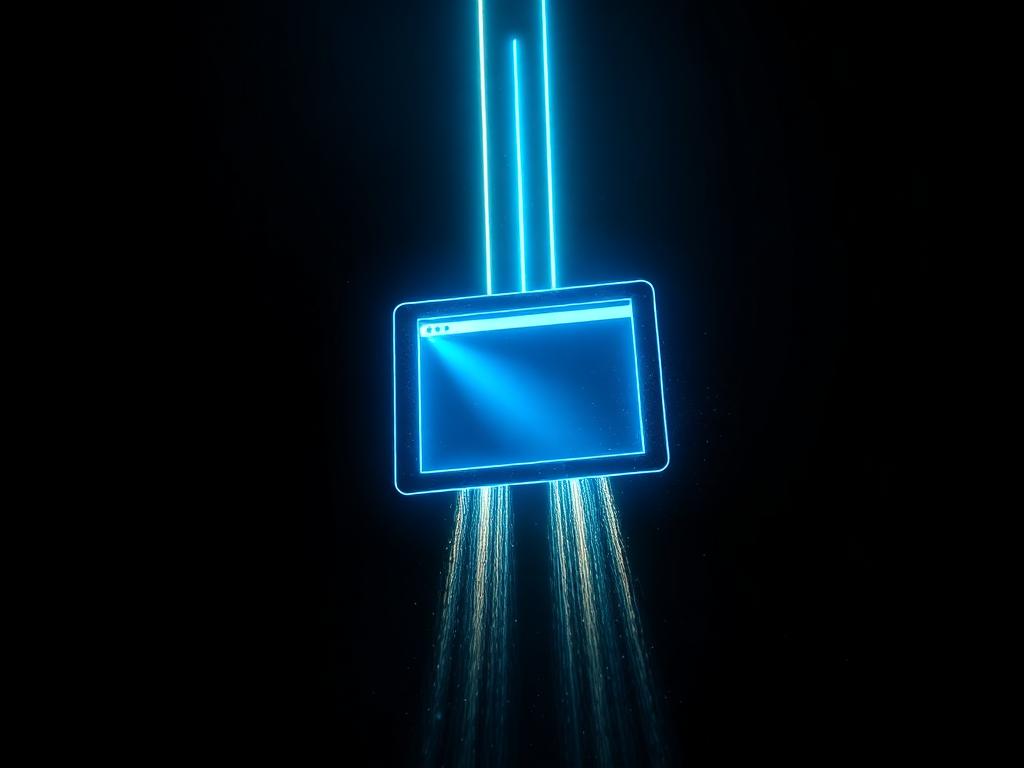 Glowing browser window launching upward with neon light trails