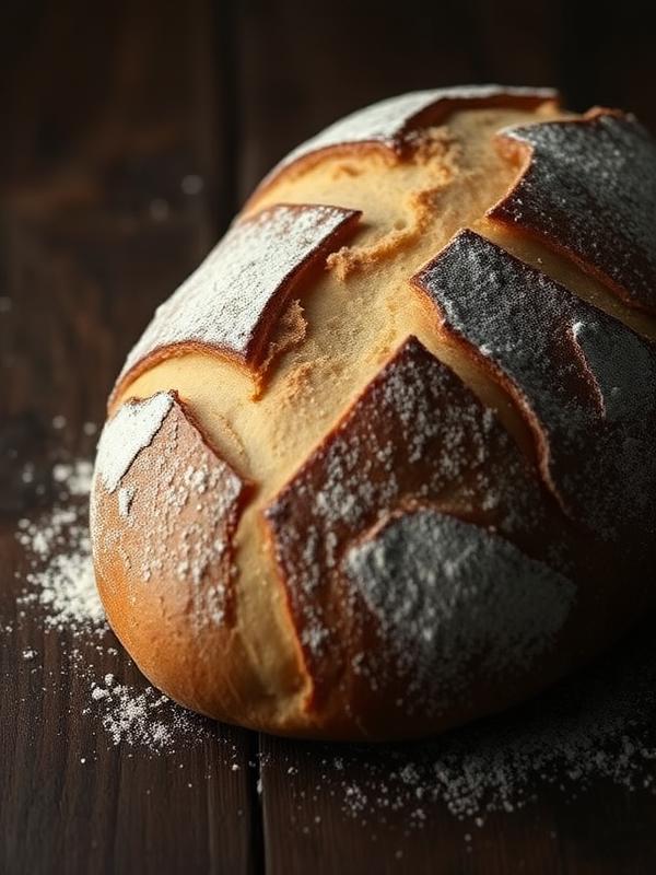 Artisan bread loaf dusted with flour on dark wood