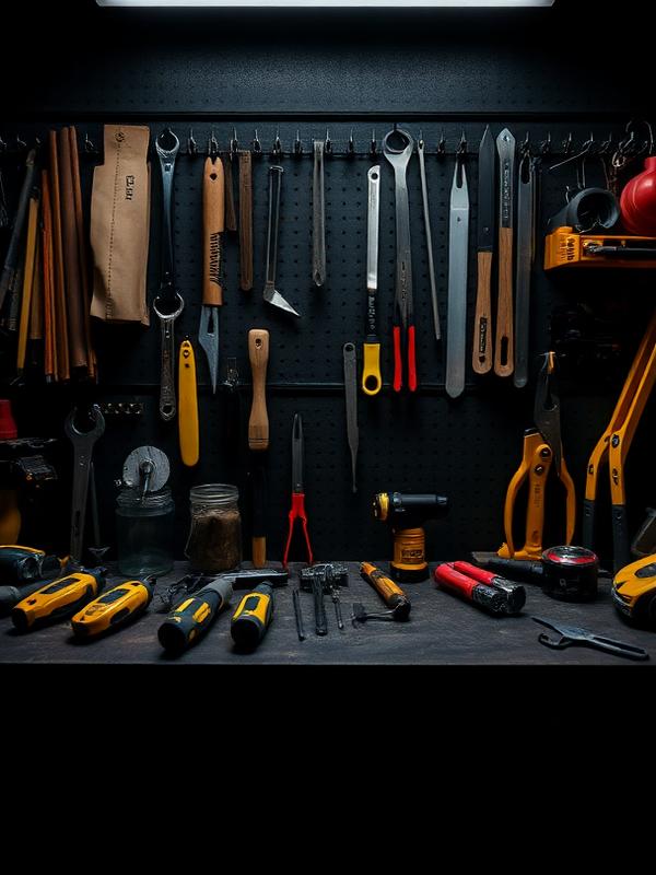 Organized hand tools on a dark workbench